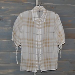 Burberry White, Tan Nova Check Tie Sleeve Blouse 8